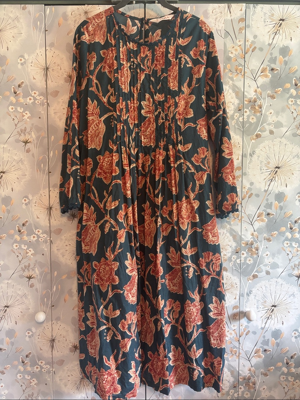 Biba Dark Green Maxi Dress with Rust Floral Print